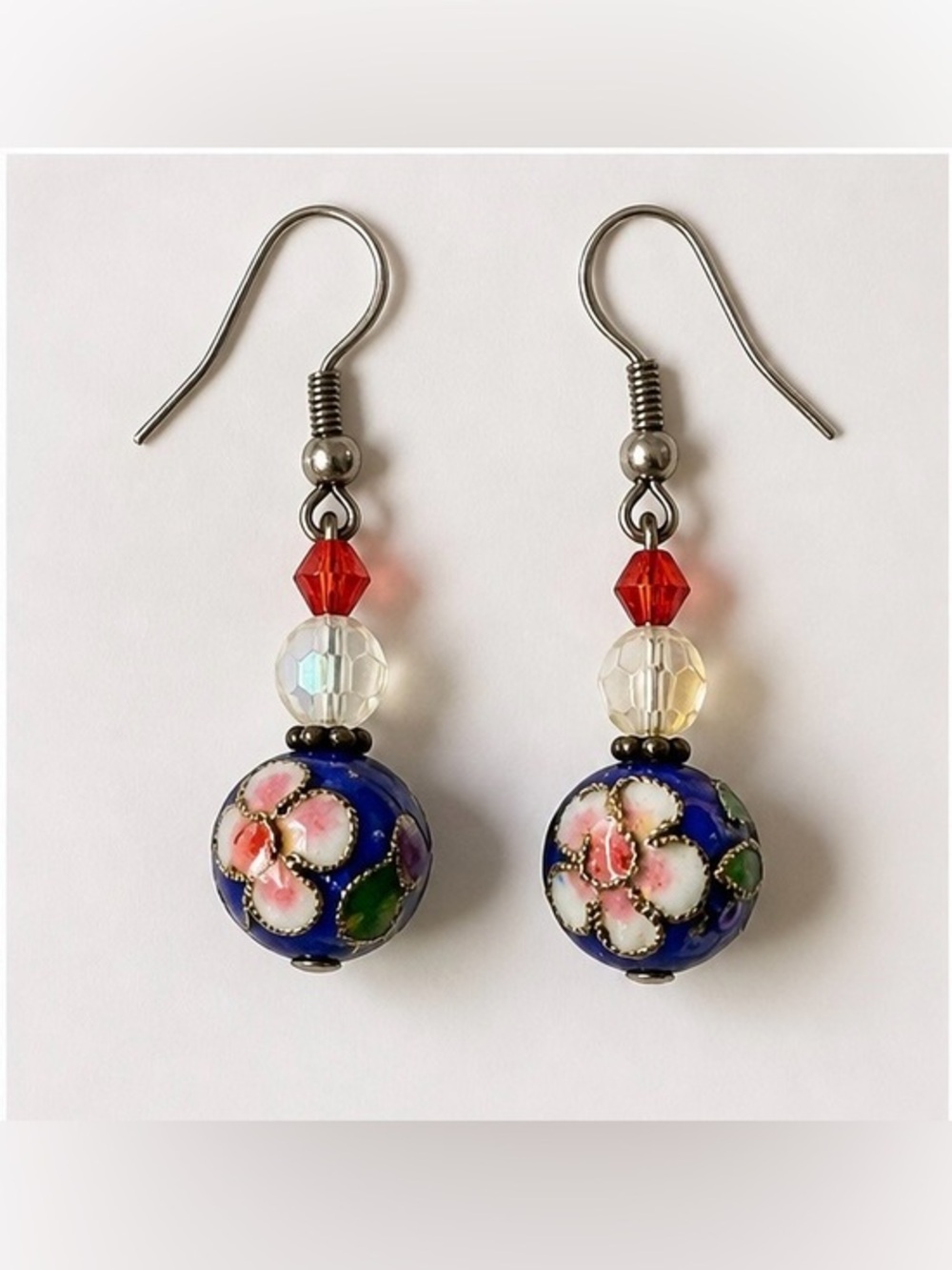 🌺💙Cloisonné Floral Drop Earrings | Blue Enamel Beads + Crystal Accents